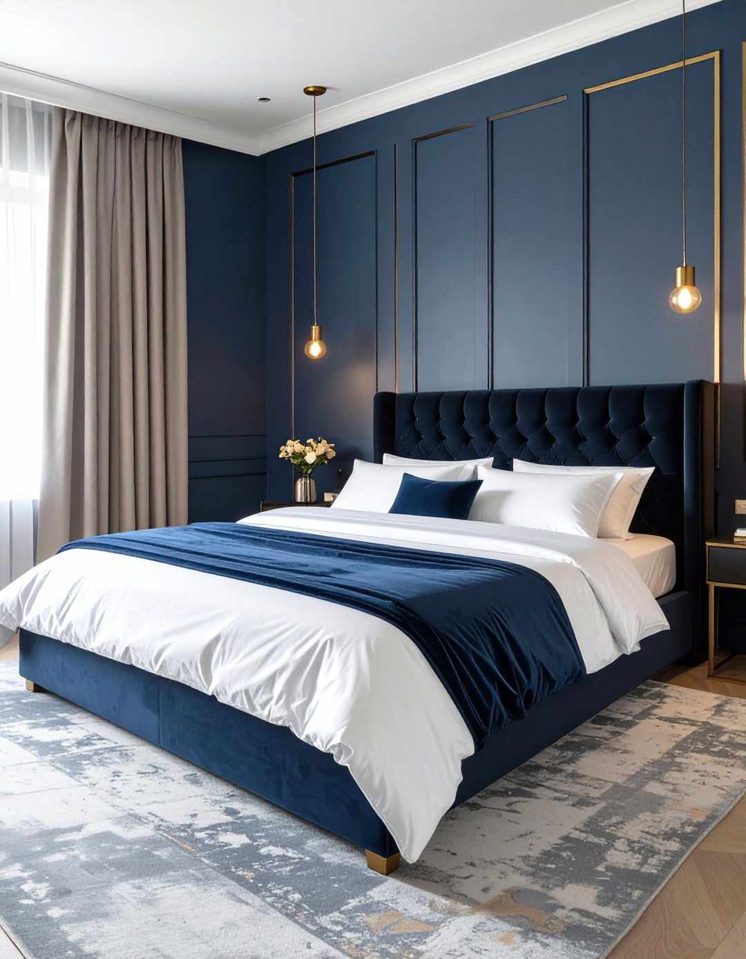Navy bedroom showcasing a tufted bed illuminated by hanging gold pendant lights.