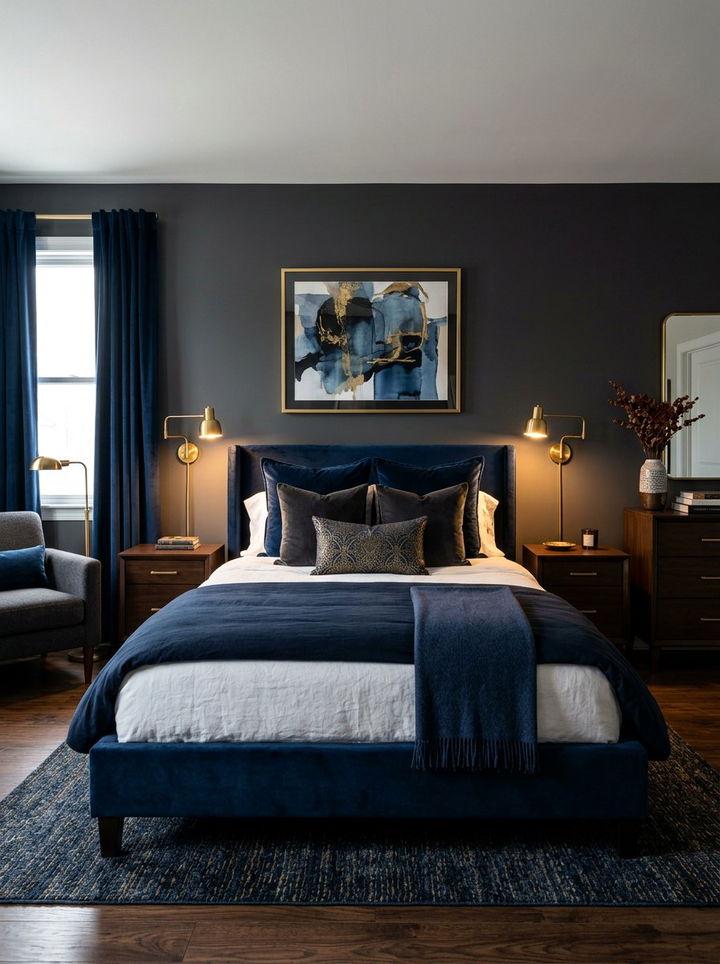 Navy bedroom featuring a velvet upholstered bed and gold wall‑mounted lamps.