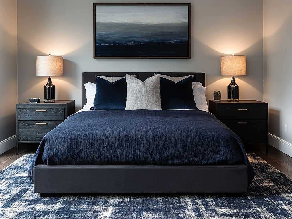 Navy bedroom with navy bedding, soft grey walls, and sleek black nightstands.