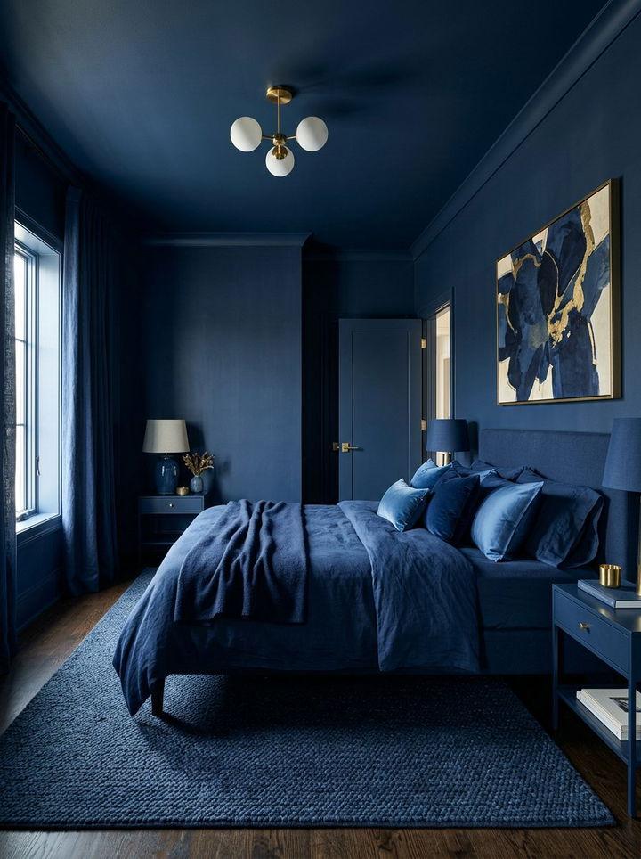 Navy bedroom featuring all‑navy furniture and a gold globe pendant light.