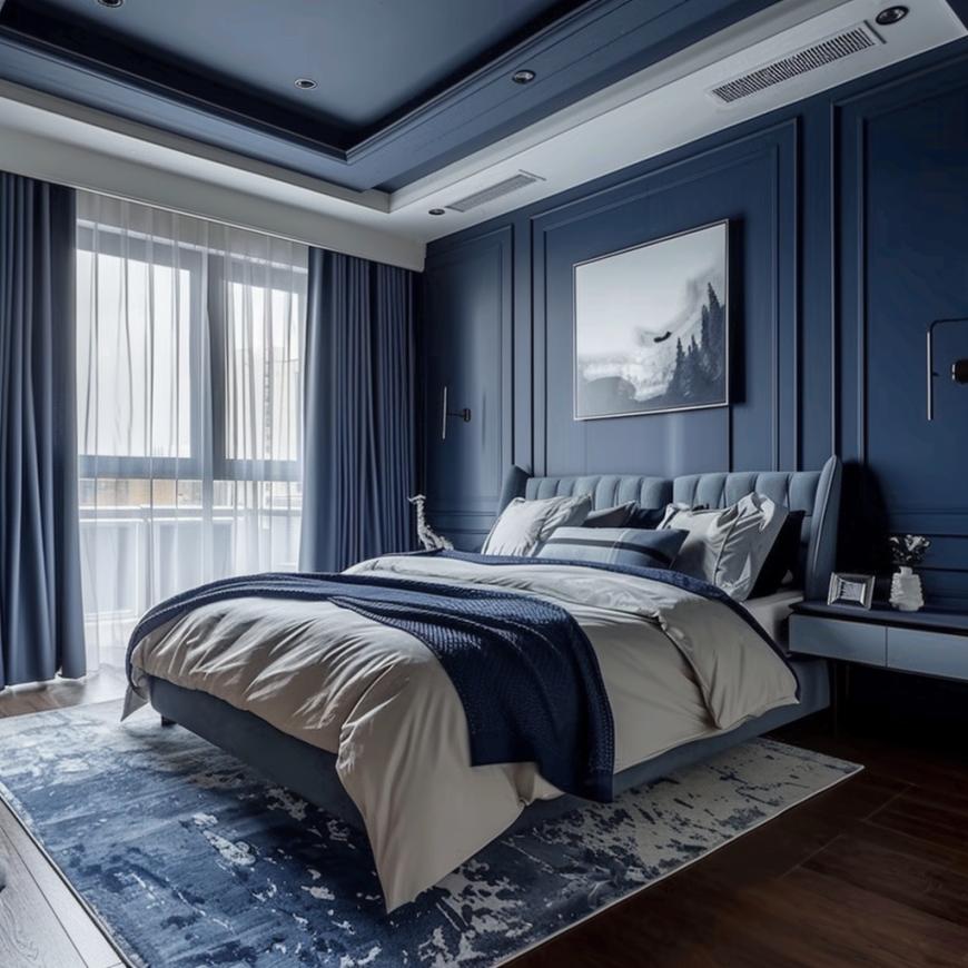 Navy bedroom showcasing beige bedding, sheer navy curtains, and soft lighting.