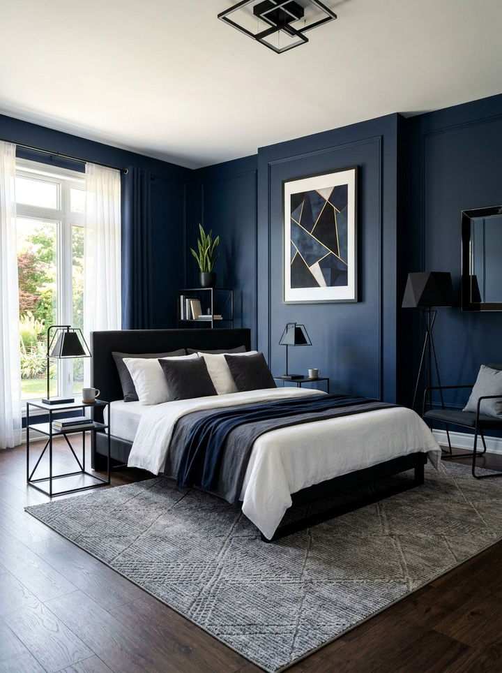 Navy bedroom featuring a black leather bed and bold geometric wall artwork.