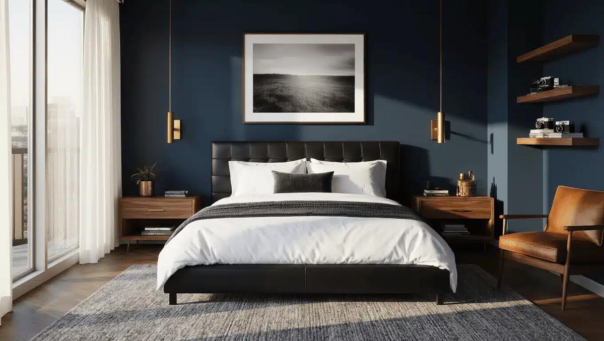 Navy bedroom showcasing a black leather bed and twin gold pendant lighting fixtures.