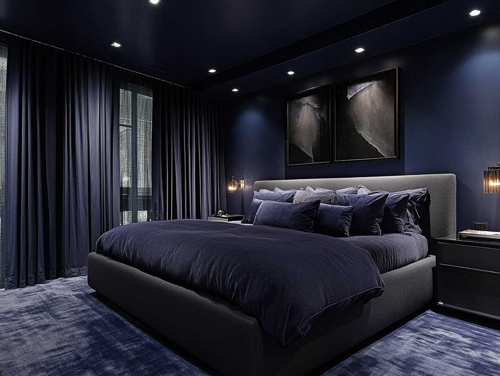 Navy bedroom with dark moody walls, recessed lighting, and subtle texture accents.