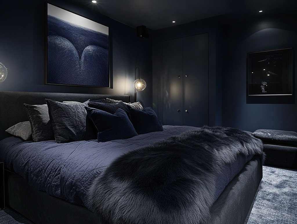 Navy bedroom featuring a soft fur throw, dark decorative pillows, and ambient lighting.