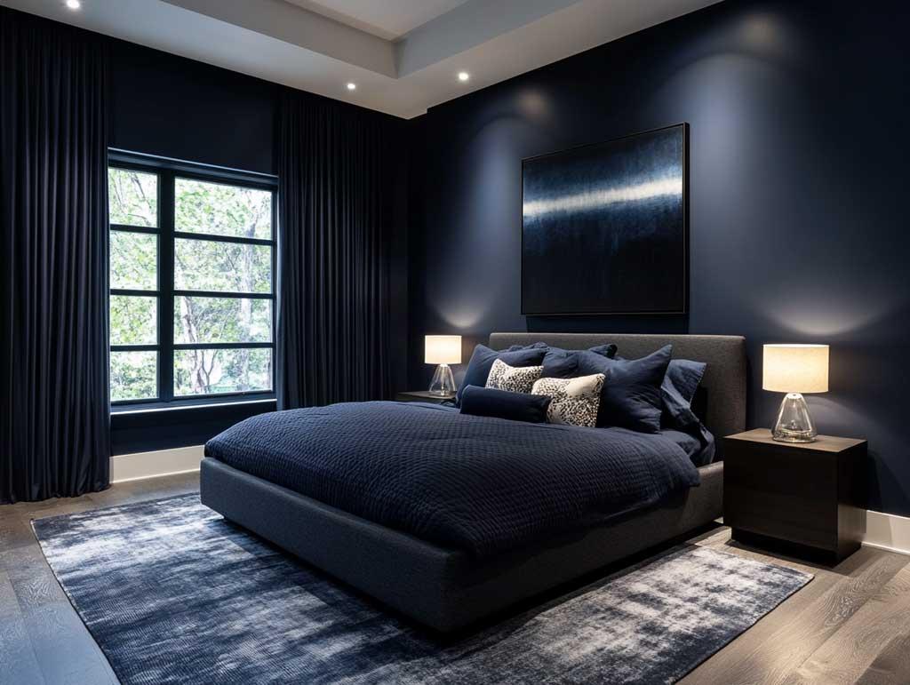 Navy bedroom featuring a grey upholstered bed and sleek glass table lamps.