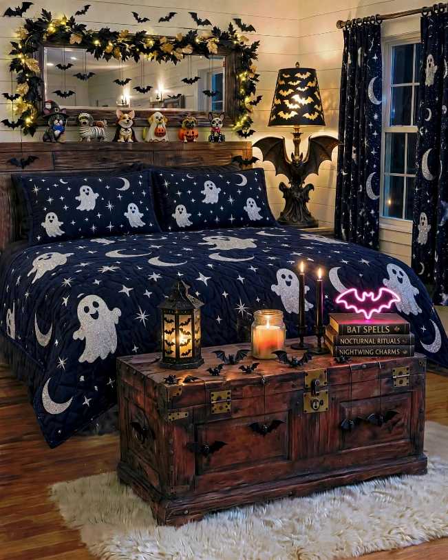 Bedroom with navy blue glitter ghost moon quilt and bat lamp.