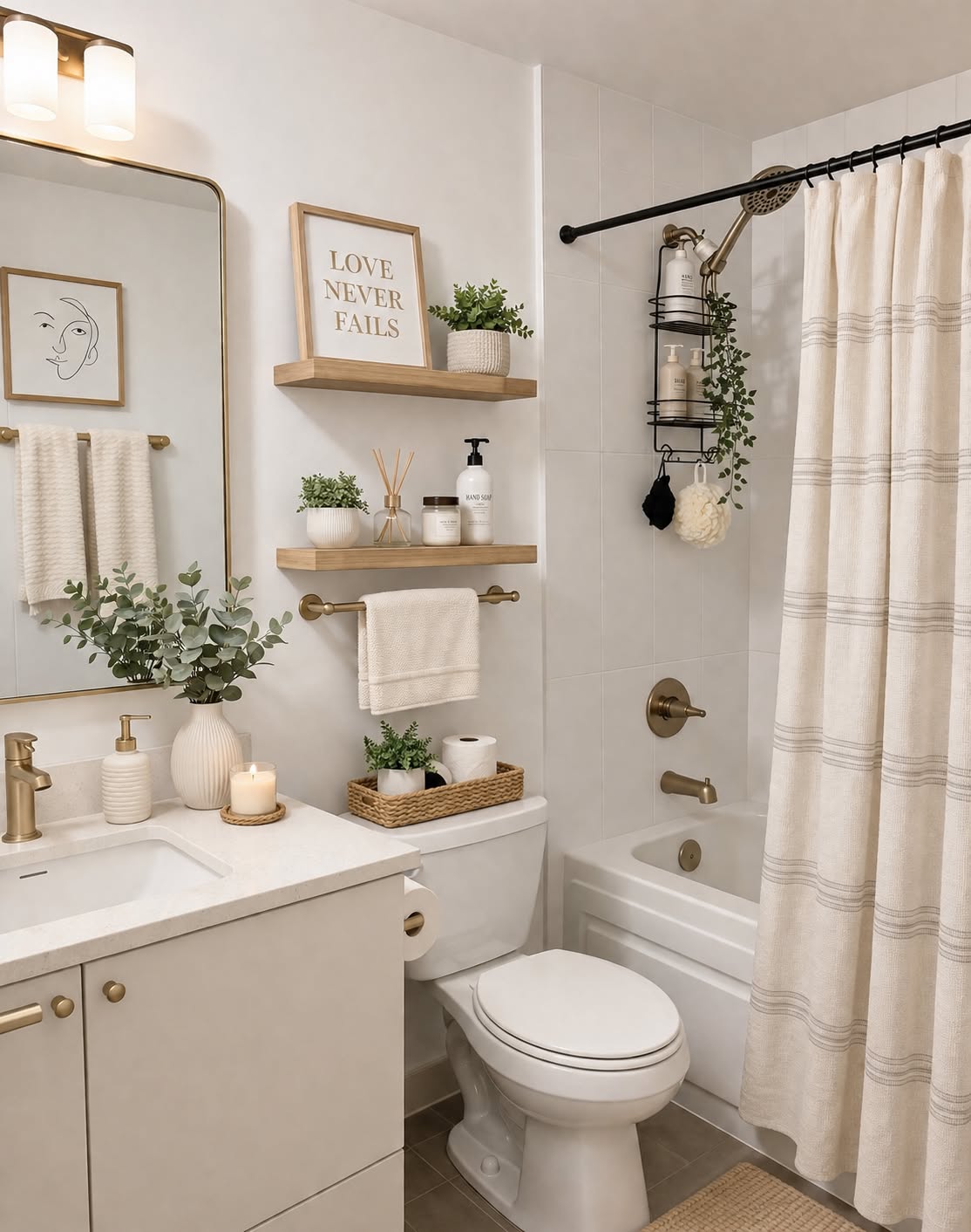 Light beige bathroom featuring a marble vanity, gold faucet fixtures, soft white towels, and natural light.