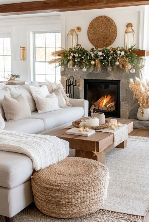 Bohemian dining nook shelf decorated with dried eucalyptus wheat and cotton garland in neutral tones