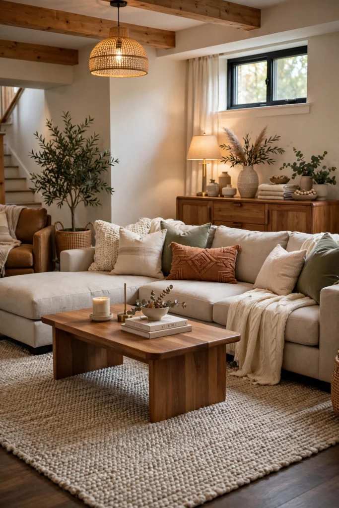 Neutral basement living room with L-shaped sofa and wood coffee table