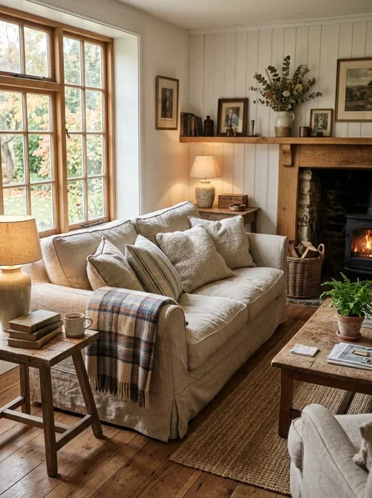 Living room sofa with neutral linen slipcover, wooden coffee table, soft pillows, natural light.