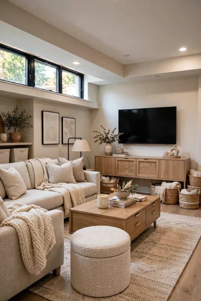 Minimalist basement room with wood credenza and woven storage baskets
