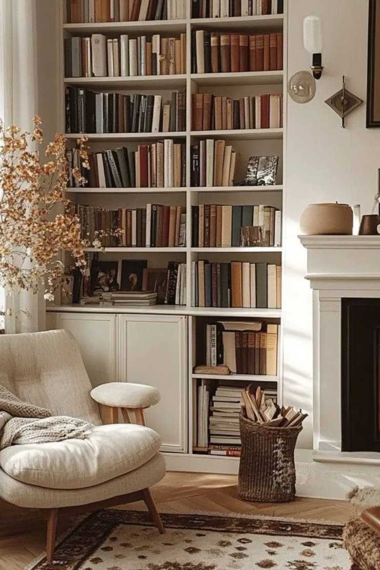 White fireplace surround, ivory armchair, glass coffee table, soft gray rug, warm LED lighting.