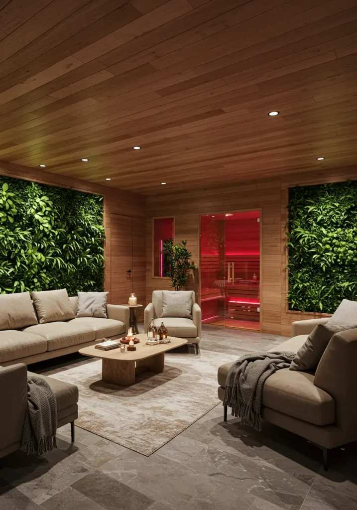 Nordic basement spa with sauna and living greenery wall