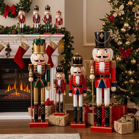 Living room stone fireplace with carved wooden nutcrackers, lush garland, stockings, and firelight