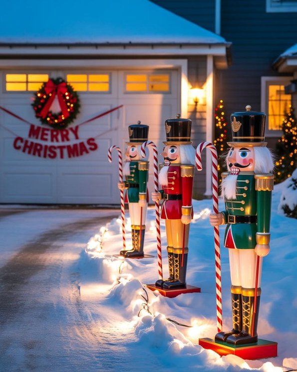 Paver driveway flanked by illuminated fiberglass nutcracker statues with warm architectural landscape spot lights.