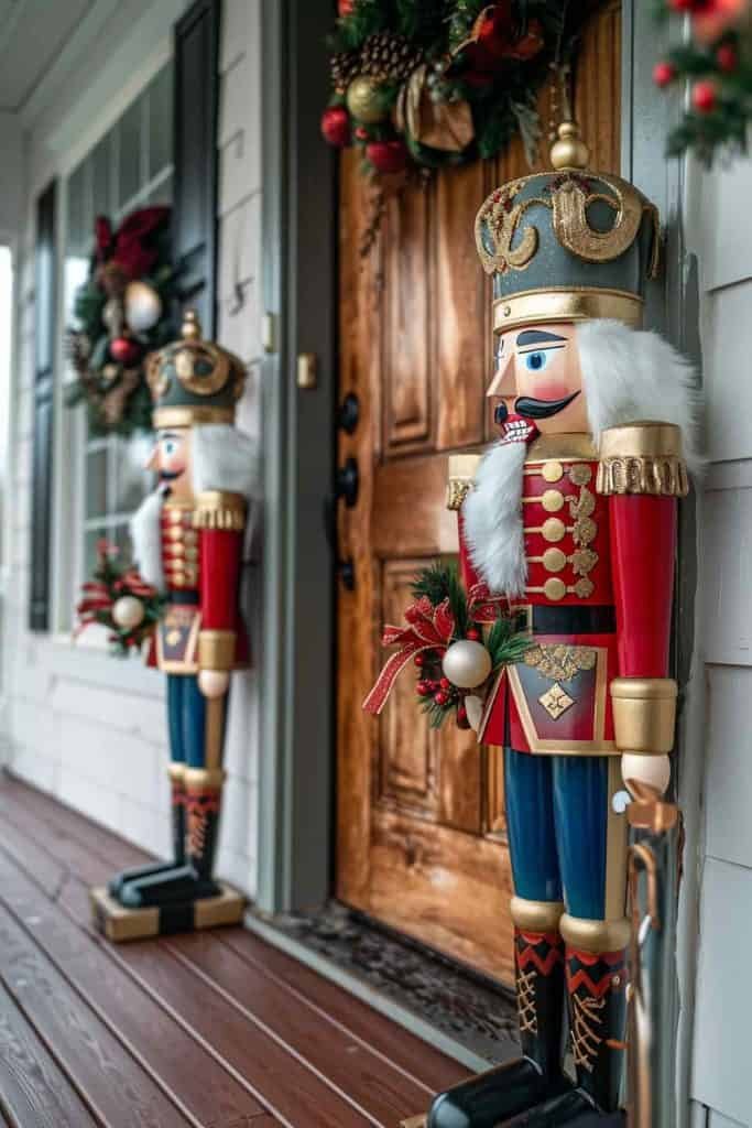 Front porch featuring wooden nutcracker statues, pine garland, red ribbon, warm lighting