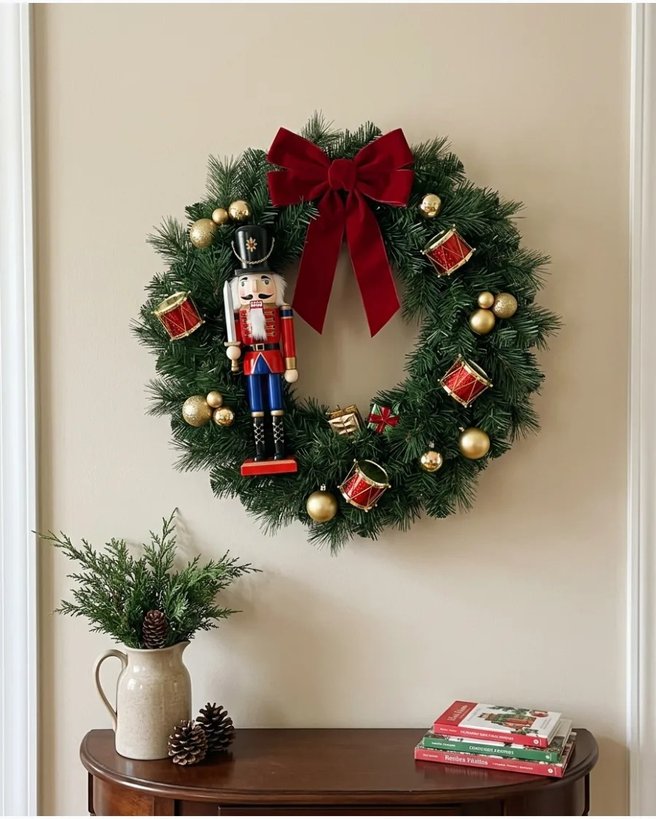 Nutcracker wreath with soldier figure on white door