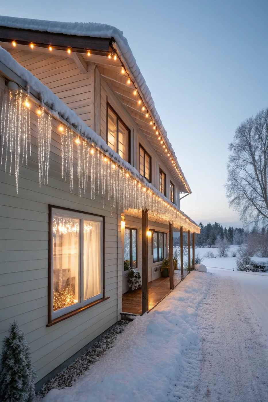 Modern ranch house exterior with seamless light strands under roof eaves and wood paneling