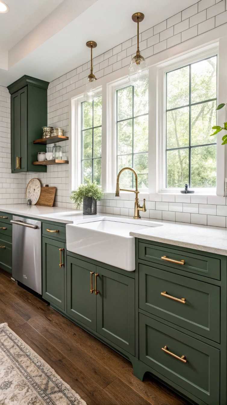 Olive green base cabinets, white apron sink, classic white subway tile backsplash, bright lighting.