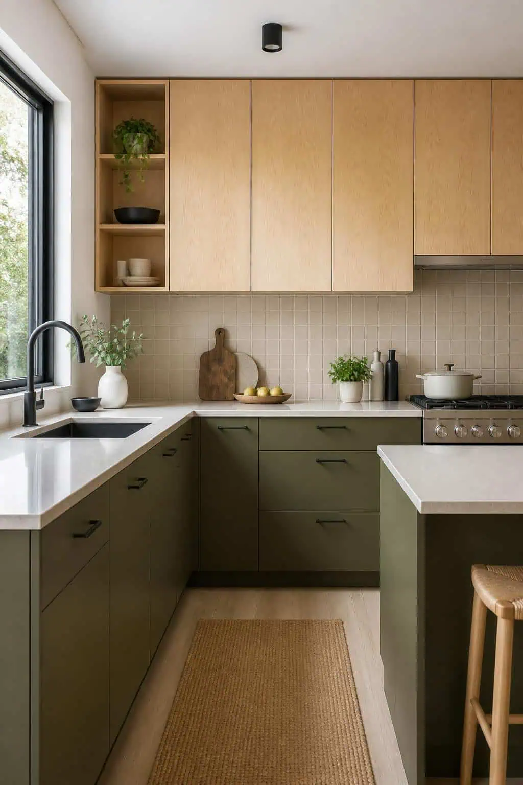 Kitchen view, olive green lower cabinets, natural birch upper cabinets, brushed gold hardware, natural light