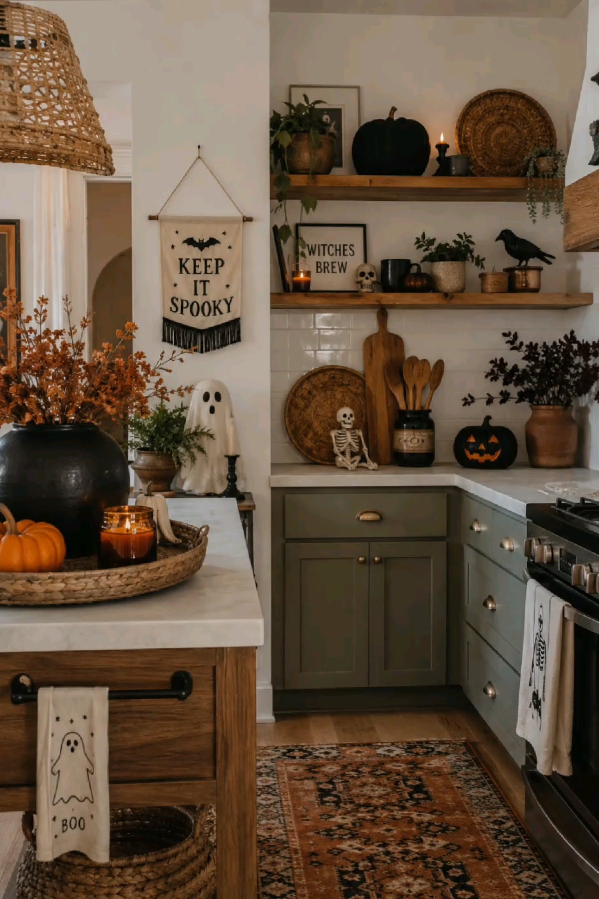 Kitchen with olive green cabinets and keep it spooky decor