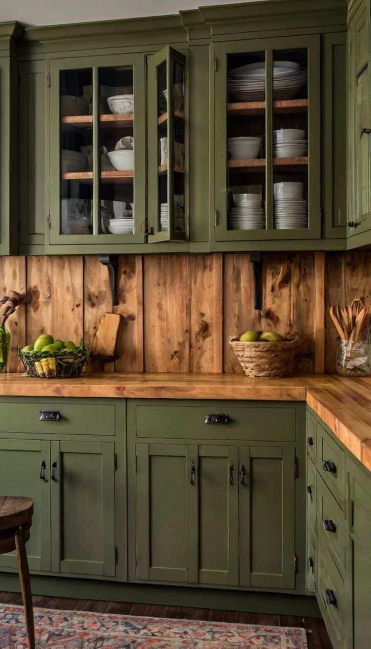 Olive green cabinets, rustic wood backsplash, glass pantry doors, warm pendant lighting.