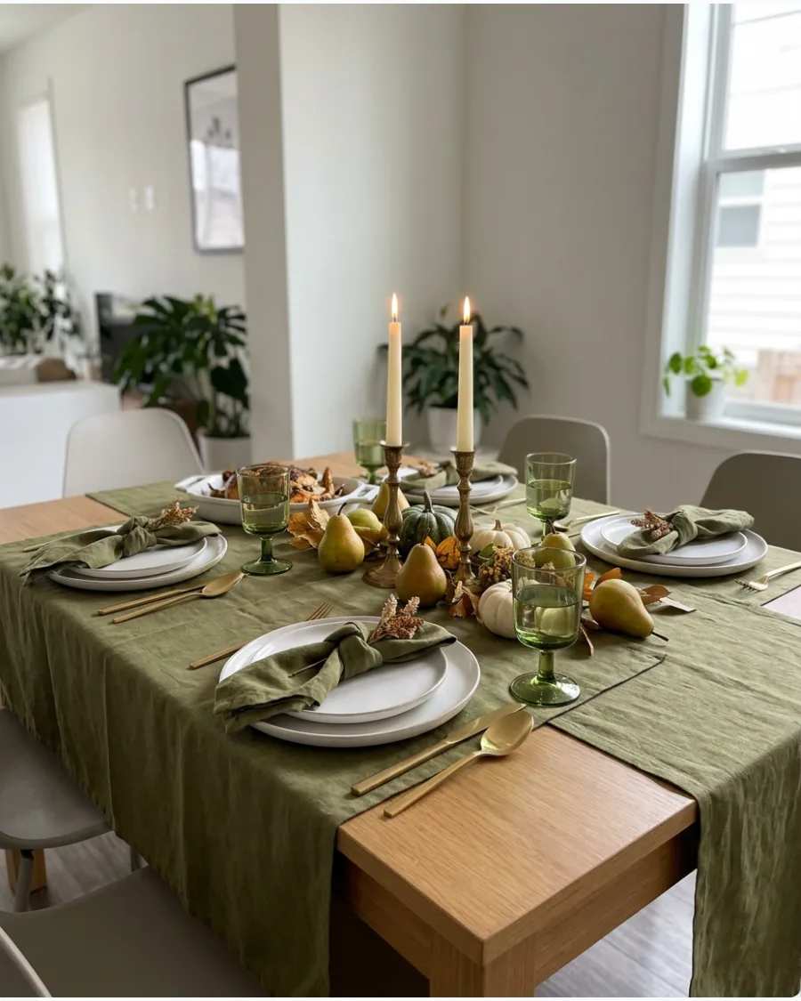 Olive green earthy tablescape with ceramic plates and linen fabric