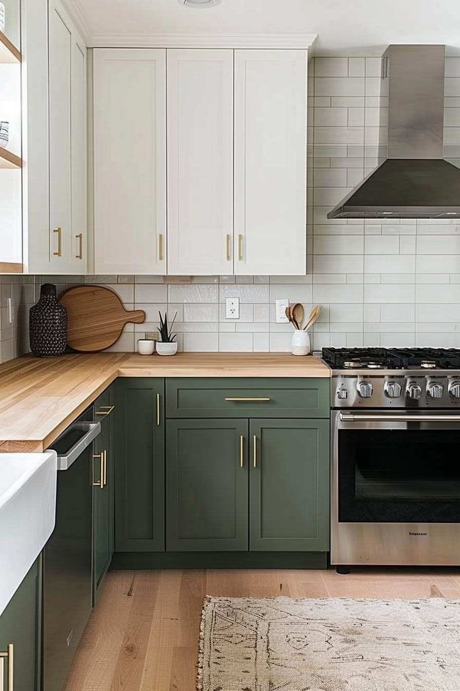 Olive lower cabinets, white upper cabinets, butcher block countertop, stainless steel appliances.