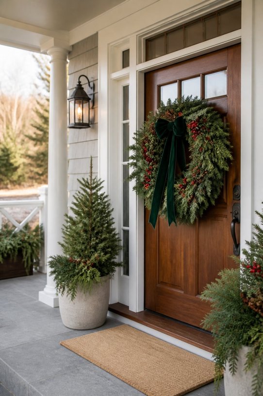Front porch featuring a single large statement wreath, metallic accents, soft lighting