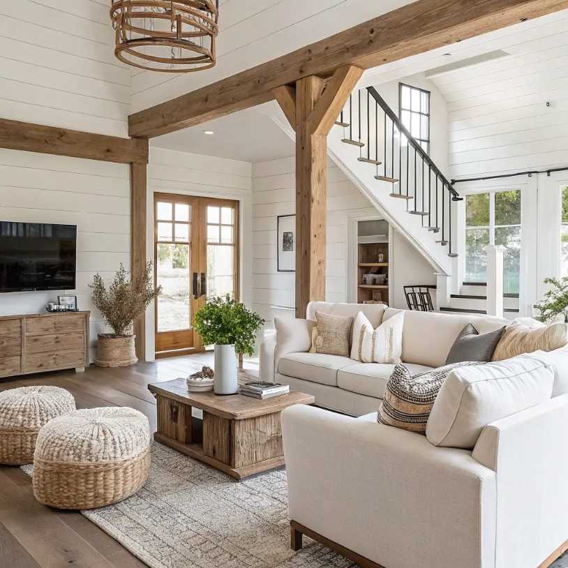Living room with open staircase, exposed brick wall, cozy sofa, pendant lighting.