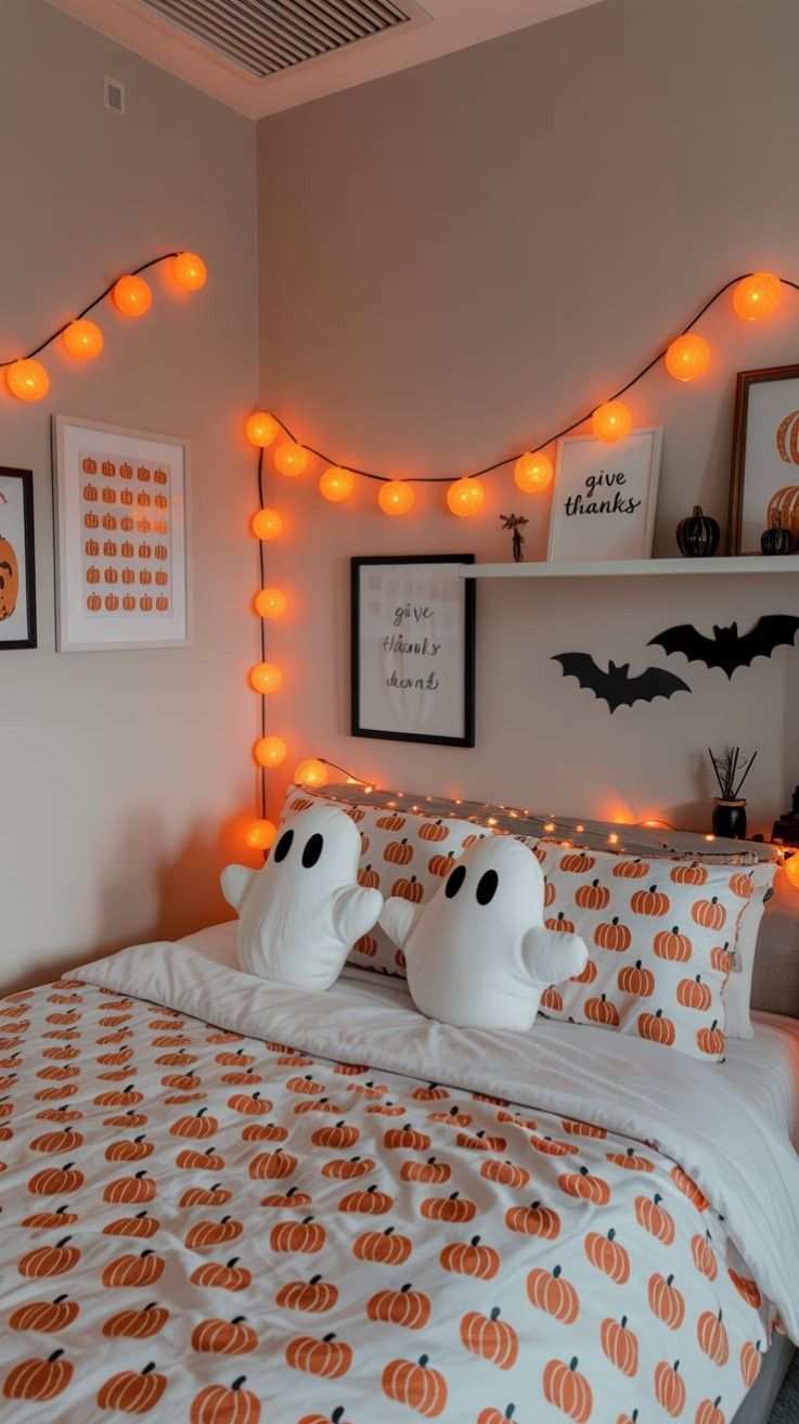 Bedroom with orange globe string lights, pumpkin duvet, and ghost pillows.
