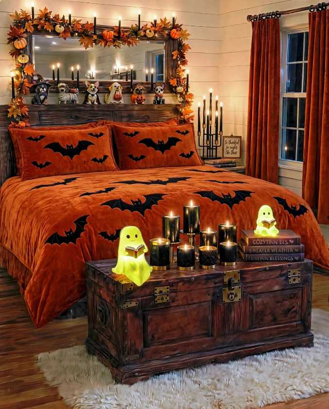 Bedroom with orange velvet bat bedding, black candles, and chest.