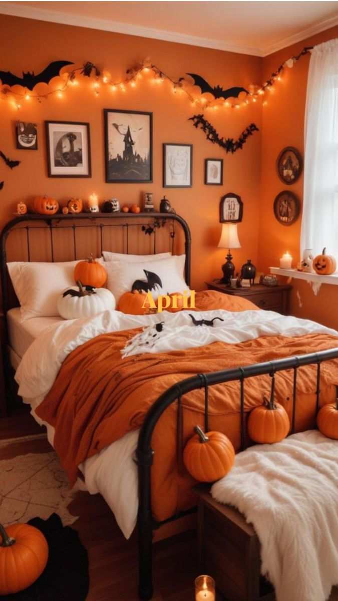 Bedroom with orange wall, vintage metal bed, pumpkins, and bat garland.