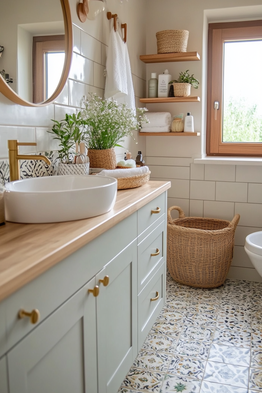 Modern bathroom featuring a sage green vanity, white vessel sink, bamboo accessories, and soft diffused lighting.