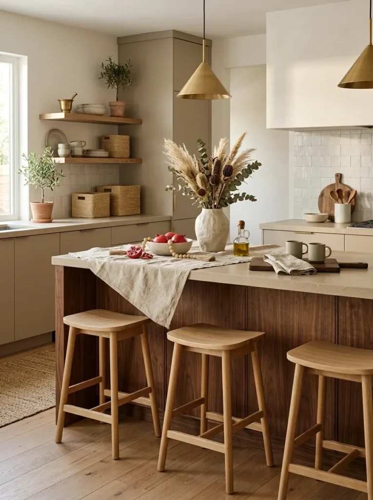 Modern kitchen with river stone backsplash, walnut island, brushed steel appliances, soft natural light from skylight.