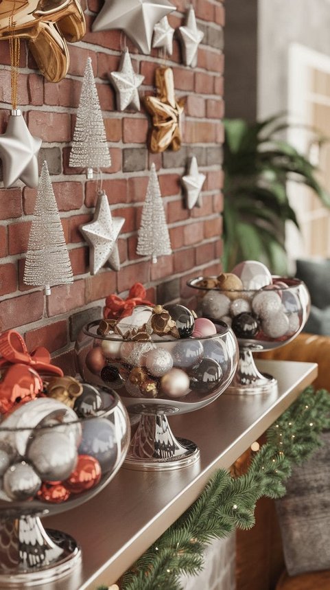 Wall shelf with ornament bowls and a star topper in a celestial holiday theme.