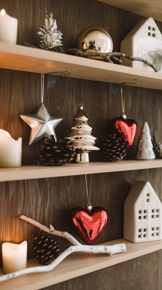 Birch shelves with heart-shaped ornaments and small trees in a romantic holiday display.