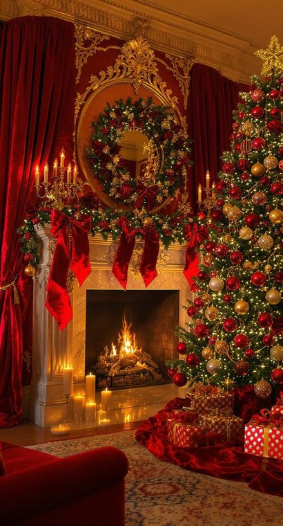 Ornate fireplace with large red bows and gold accents for a luxurious look.