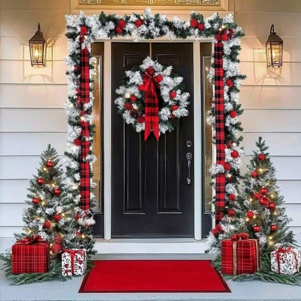 White front porch framed by illuminated thick cedar garland and warm pendant lantern lighting.