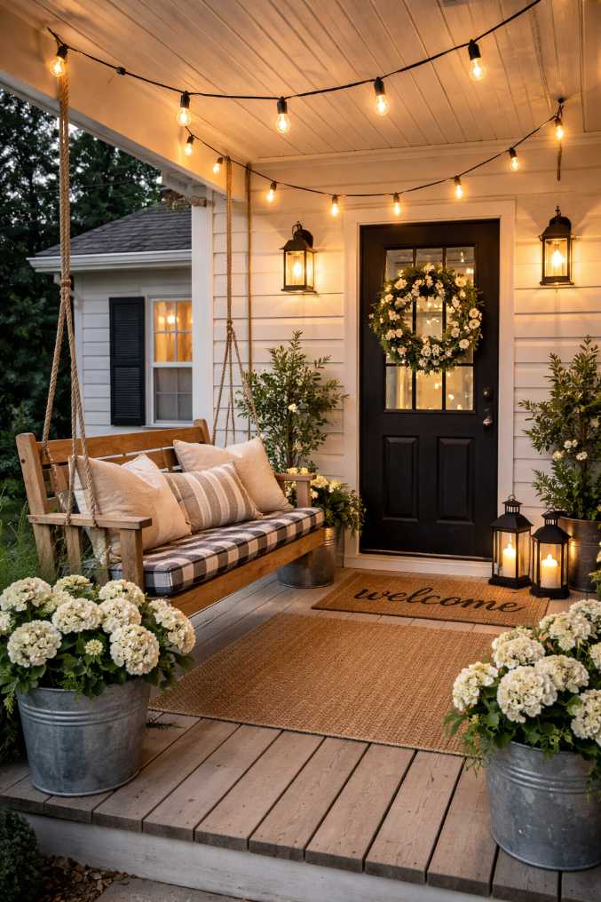 Front porch with barn‑style swing, galvanized metal bucket planters, and plaid blankets