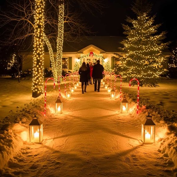 Outdoor stone walkway lined with black iron lanterns, candy canes, snow, and warm glowing candles