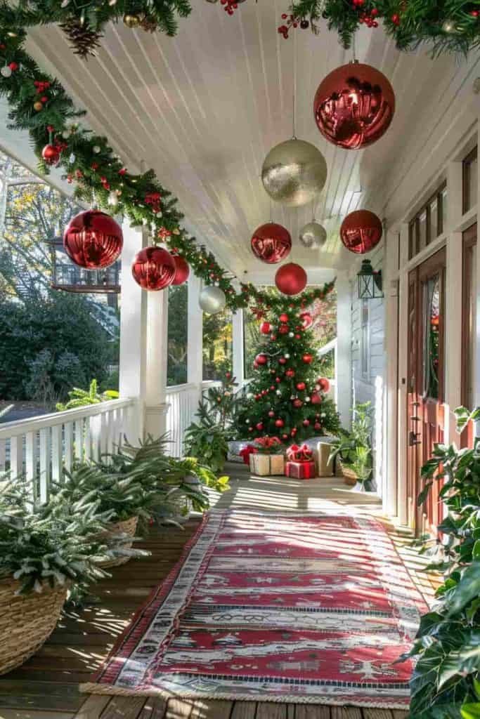 Front porch ceiling featuring oversized ornaments, gold and red, soft lighting