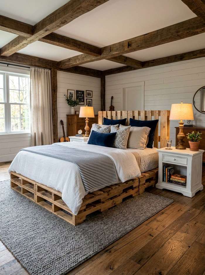 Rustic bedroom with a pallet‑style bed, exposed ceiling beams, and a distressed leather armchair