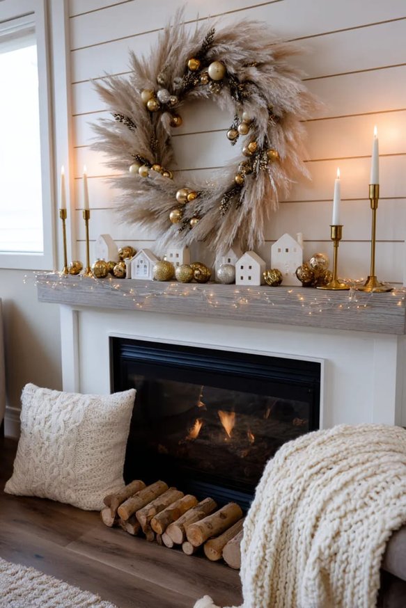 Modern mantel with a pampas grass wreath and gold ornaments.