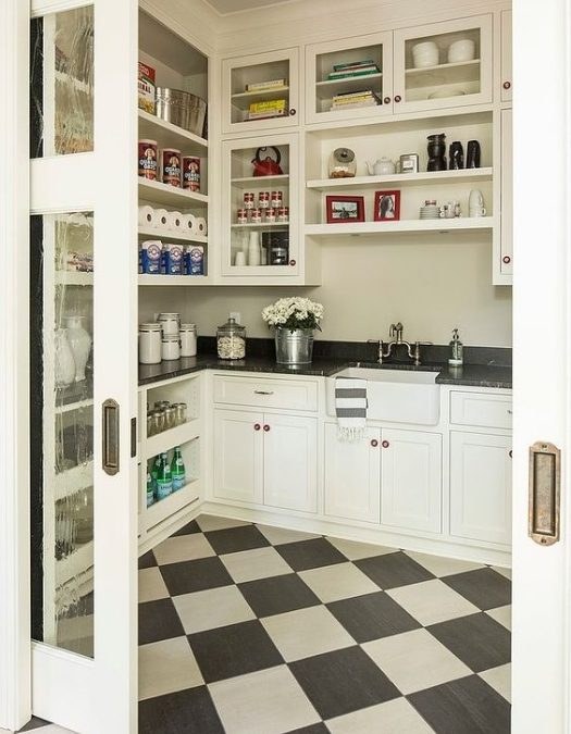 Pantry shelves with clear acrylic bins, organized snacks, white cabinetry, cool toned LED lighting.