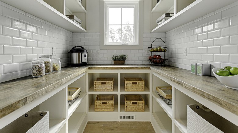 Pantry organization ideas featuring uniform clear acrylic canisters arranged on pristine white shelving units.
