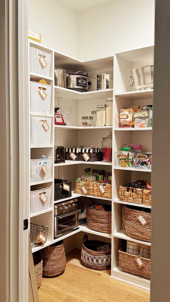 Pantry organization ideas with natural, woven seagrass baskets for a clean, organic look.