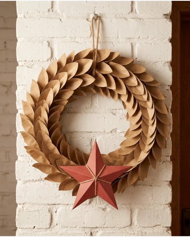 Paper bag star wreath on white wall with natural light