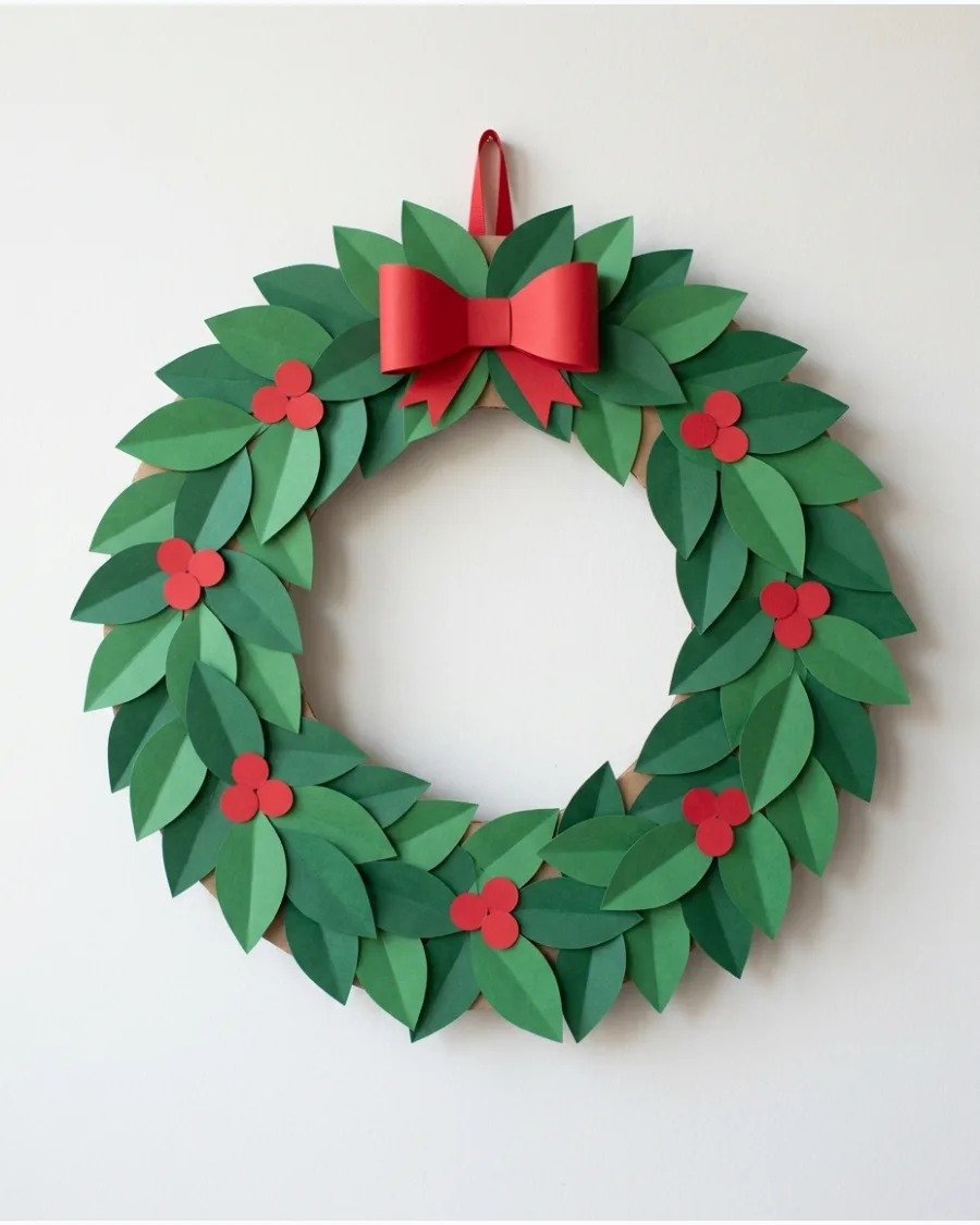 Paper leaf wreath on white wall with soft lighting